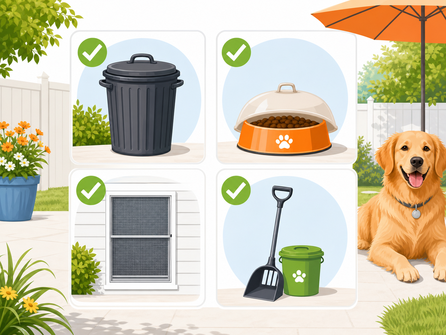 Illustrated summer fly prevention checklist with sealed trash, covered pet food, repaired screens, and cleanup tools